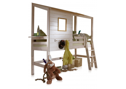 Boomhut halfhoogslaper hoog, een massief houten boomhutbed hoge variant met comfortabele trap voor kinderen en tieners 