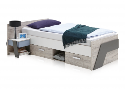 Kajuitbed Signal steiger look met lades en nachtkastje in wit met bruine bliksemschicht