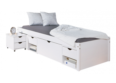 Kajuitbed Lodge wit of whitewash met uitrolbaar nachtkastje