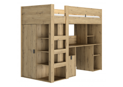 Hoogslaper 'Lugano' met bureau en kledingkast Hoogslaper Lugano eik met bureau, kledingkast en veel opbergmogelijkheden (links opgezet)